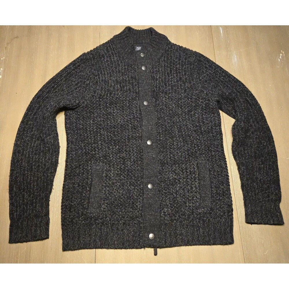 F&F Mens Black Grey Marl Chunky Wool Blend Knit Zip Front Cardigan Size Large